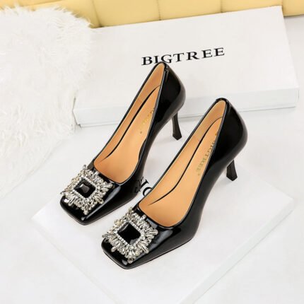 BIG TREE SHOES 7792-3k82 Korean Style Banquet Women's Shoes Super High Heel Shallow Mouth Patent Leather Square Toe Metal Rhinestone Buckle Pumps High Heels