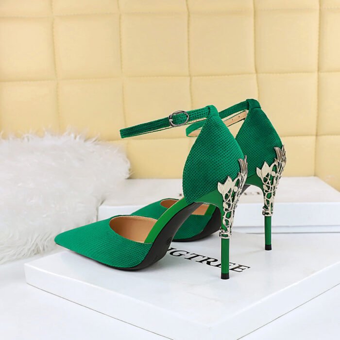 283-18 European and American Style Metal Decorative Heel High Heel Plaid Embossed Suede Shallow Mouth Pointed-Toe Hollowed Sandals - Image 1