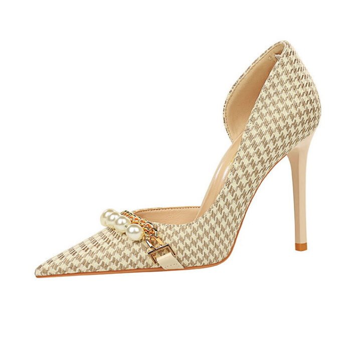 8829-1 Korean version of high-heeled shoes with lattice pattern shallow mouth side hollow houndstooth pearl metal chain super high-heeled shoes - Image 25