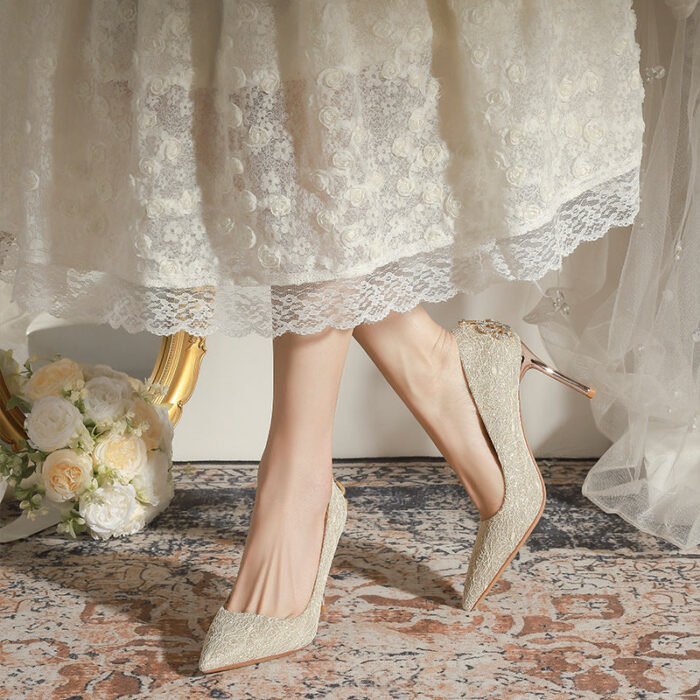 840-1 Heel Rhinestone Crown French Lace Wedding Shoes Bridal Shoes High Heel Shoes Niche High-Grade Stiletto Heel Pumps - Image 3