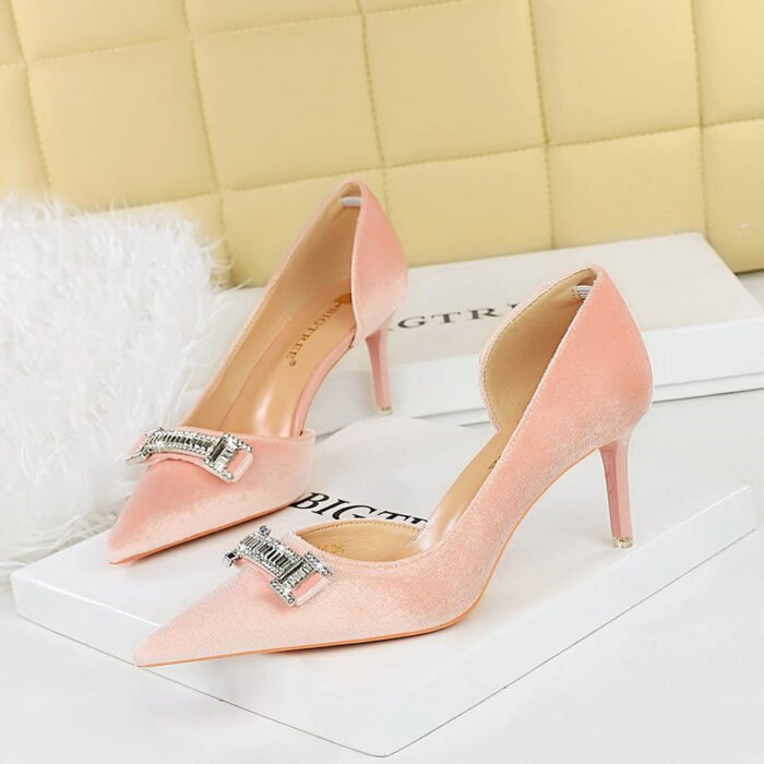 BIGTREE SHOES 1363-Ak80 Banquet High Heels Women's Shoes Stiletto Suede Shallow Mouth Pointed Side Hollow Metal Rhinestone Buckle Pumps - Image 4