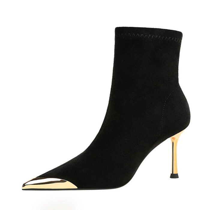 Bigtree Shoes 319-12 European and American Style Fashion Banquet Women's Boots Short Tube Stiletto Heel Metal Pointed Toe Pedicure Slimming Suede Short Boots - Image 5