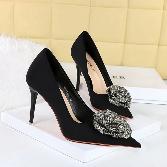 BIGTREE SHOES 18249-H52 European and American High Heels Women's Shoes Stiletto Heel Satin Shallow Mouth Pointed Toe Rhinestone Rose Pumps - Image 2