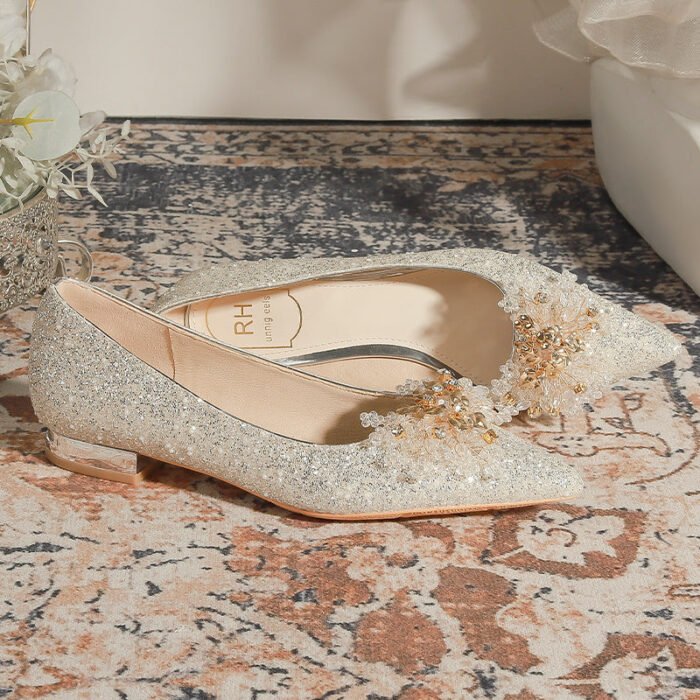 229-10 French Pointed Flat Low Heel Elegant Rhinestone Wedding Shoes Wedding Dress Two-Way Wear - Image 4