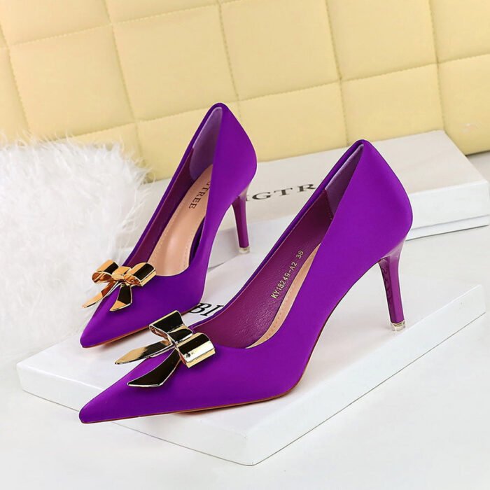 BIGTREE SHOES 18249-AK68 Thin Heel High Heel Satin Shallow Pointed Toe Metal Bowknot Single Shoes - Image 3