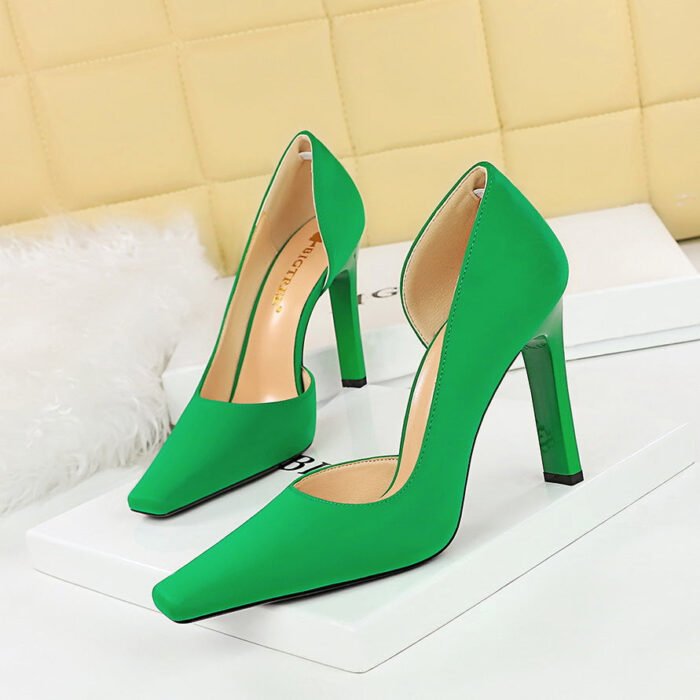BIG TREE SHOES 3275-3 European and American Style High Heels Thick Heel Super High Heel Shallow Mouth Pointed Side Hollow Satin Square Toe High Heel Pumps Women - Image 3