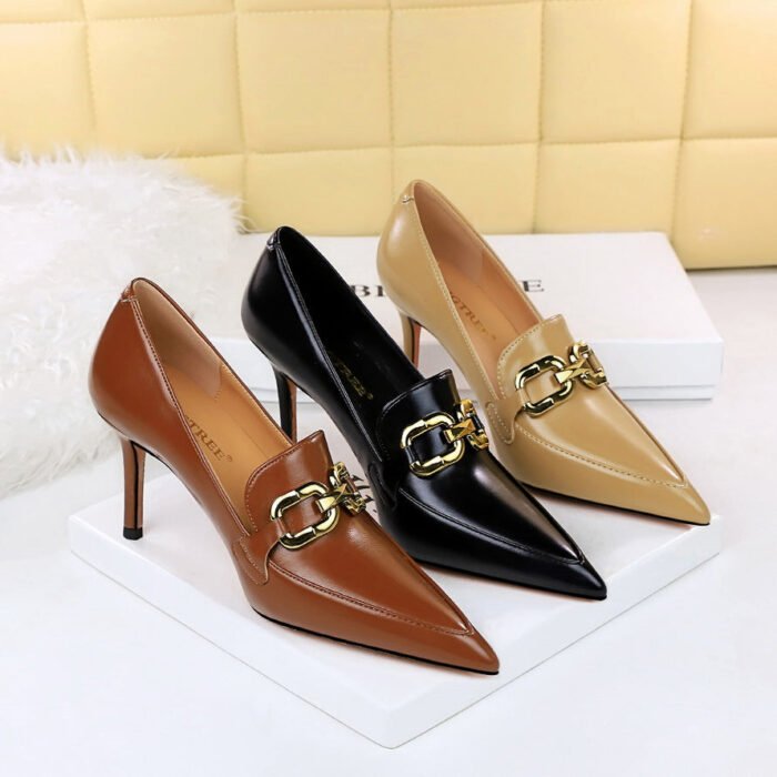 BIG TREE SHOES 837-3 Retro European American Style Fashion High-Cut Shoes Women's Shoes Stiletto Heel Pointed-Toe Metal Belt Buckle Deep Mouth Pumps - Image 1