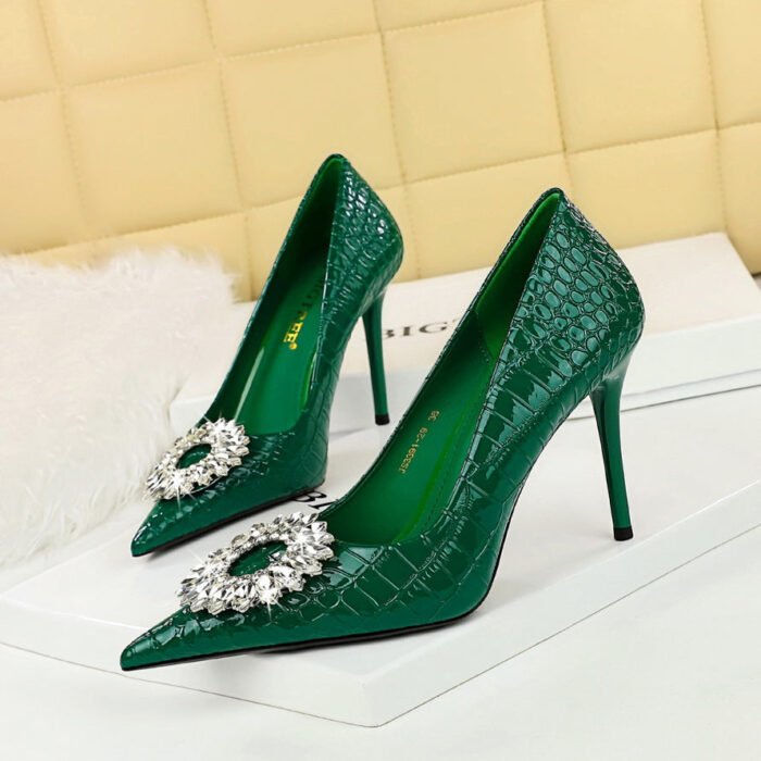 BIG TREE SHOES 3391-k29 European and American Style Fashionable High Heels Stiletto Heel Shallow Mouth Pointed-Toe Retro Patent Leather Snake Pattern Rhinestone Buckle Women's Shoes - Image 4