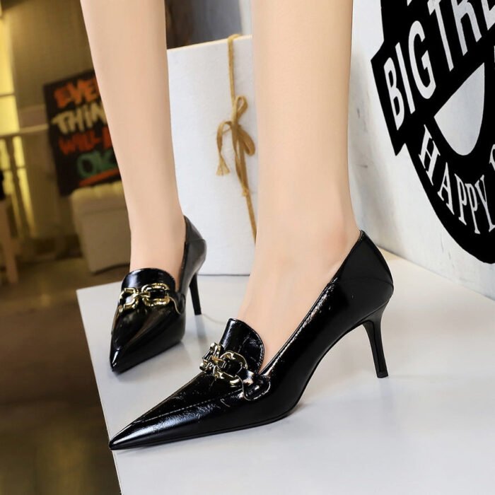 big tree shoes 598-1 European and American Retro Women's Fashion Shoes Stiletto Heel Deep Mouth Pointed Toe Metal Buckle Decorative Women's Shoes High-Cut Shoes - Image 3