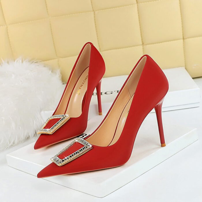 BIGTREE 3265-k8 Korean Style Fashion Banquet High Heel Stiletto Low Mouth Pointed Toe Metal Buckle Rhinestone Buckle High Heel Pumps Women - Image 3