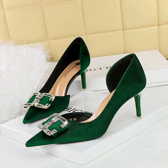 BIGTREE SHOES 1363-Ak78 Banquet Light Luxury Women's Shoes High Heels Stiletto Heel Side Hollow Suede Shallow Mouth Pointed Toe Rhinestone Buckle Pumps - Image 2