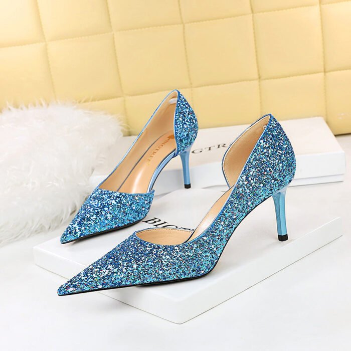 8829-A3 European and American Style Sexy Nightclubs Thinner Series Heel High Heel Low-Cut Pointed Side Hollow Sparkle Sequins Pumps - Image 4