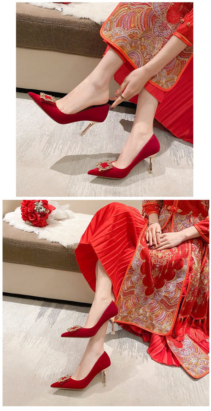 Runnig heels C888-31 Red Wedding Shoes Bridal Shoes High-Grade Pointed Wedding Shoes - Image 12