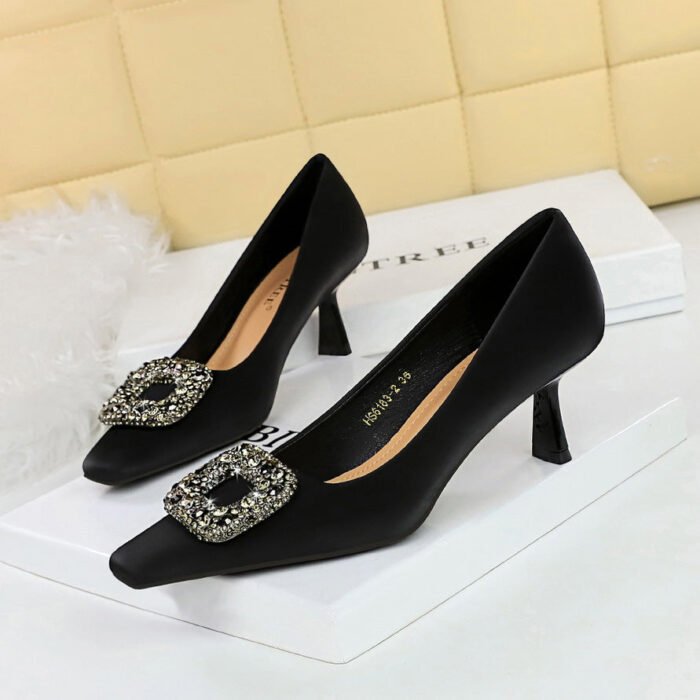 Bigtree Shoes 633-2k83 European and American Style All-Match Banquet Women's Shoes Stiletto Heel Shallow Mouth Square Toe Metal Buckle Rhinestone Buckle Single - Image 1