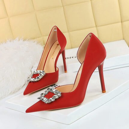 BIG TREE 626-K2 Banquet High Heels Stiletto Heel Shallow Mouth Pointed Side Hollow Metal Rhinestone Buckle European and American Style Pumps