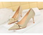9283-A1 European and American thin-heeled high-heeled shallow-pointed cloth plaid houndstooth metal chain pearl shoes - Image 10
