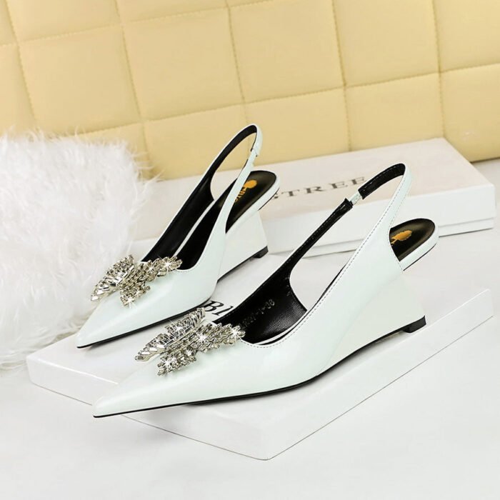 BIGTREE SHOES 1097-k53 High Heel Wedge Patent Leather Shallow Mouth Pointed Hollow Back Strap Metal Rhinestone Bow Single-Layer Shoes Women's Shoes - Image 4