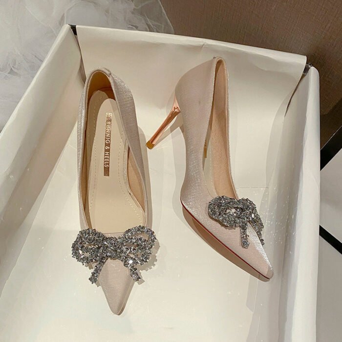 858-11 Pointed High Heels Women's New Buckle Rhinestone Bow Casual High-End Shoes - Image 5