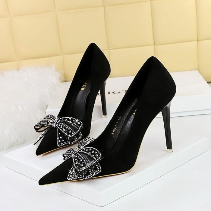 Bigtree Shoes 9511-h39 Korean Style Banquet High Heels Stiletto Heel Suede Shallow Mouth Pointed Toe Rhinestone Bow Women's Shoes - Image 2