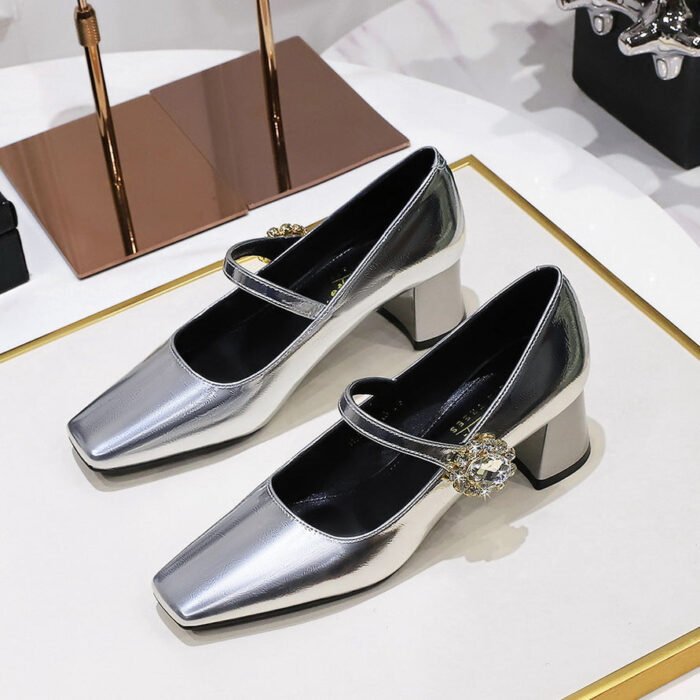 BIGTREE SHOES 5288-K86 Retro European American Style Banquet Women's Shoes Mid Heel Chunky Heel Low-Cut Square Head Rhinestone Buckle Ankle-Strap Shoes Female - Image 1