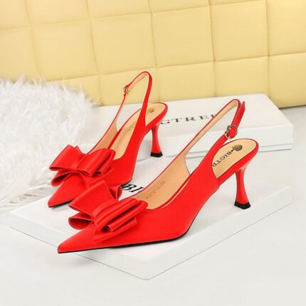 Bigtree shoes 3716-h25 fashion pedicure Korean style women's shoes satin shallow mouth pointed high heel hollow-out back strap bow single-layer shoes