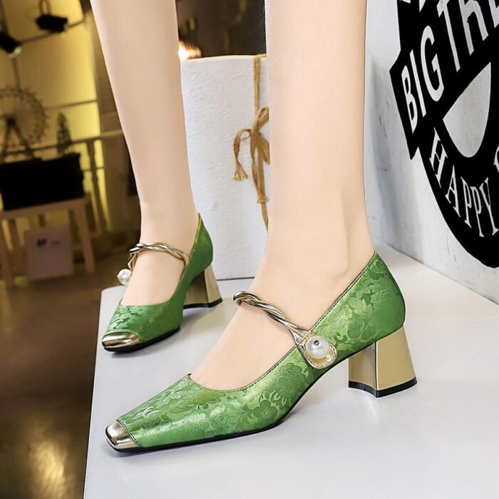 BIGTREE SHOES 5288-6 Retro National Style Women's Shoes Chunky Heel Mid-Heel Low-Cut Color Matching Square Head Pattern Satin Pearl Ankle-Strap Shoes - Image 4