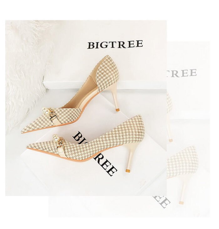 8829-A1 Korean version of high-heeled shallow-mouth pointed side hollow cloth plaid pearl metal chain houndstooth shoes - Image 16