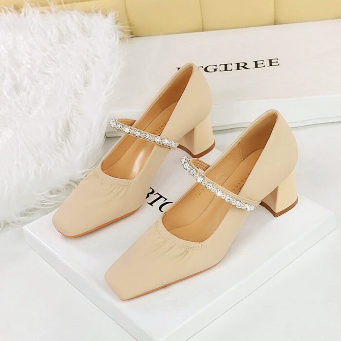 BIGTREE SHOES 5288-17 Retro Korean Type Women's Chunky Heel Mid Heel Shoes Low-Cut Square Toe Pearl Rhinestone Strap Mary Jane Shoes - Image 1