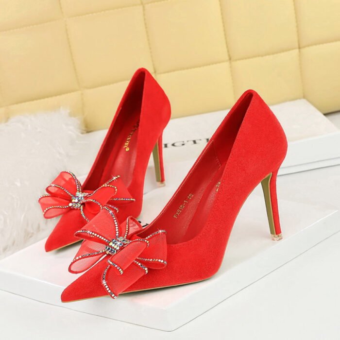 BIGTREE SHOES 516-H38 Banquet High Heels Stiletto Women's Shoes Suede Shallow Mouth Pointed Lace Rhinestone Bow High Heel Pumps - Image 3