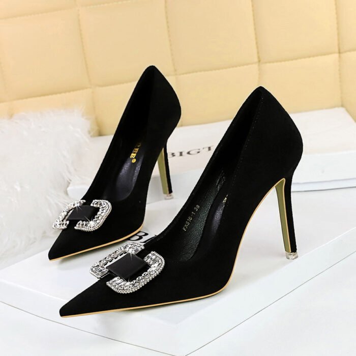Bigtree Shoes 516-k69 European and American Fashion Banquet High Heels Women's Shoes Stiletto Suede Shallow Mouth Pointed Toe Rhinestone Buckle High Heel Pumps - Image 1