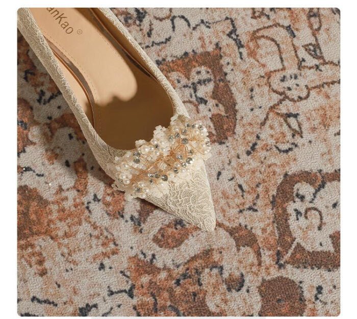 3118-7 French Lace Thick Heel Flat Wedding Shoes One-Word Flower Main Wedding Dress Banquet Two-Way Heel Shoes - Image 7