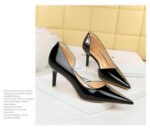 1363-A2 Korean fashion slim banquet fine heel high heel shallow pointed side hollow patent leather women's shoes single shoes high - Image 23