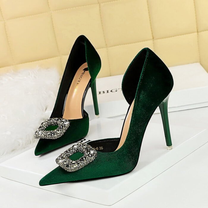 Bigtree Shoes 1363-K83 Banquet High Heels Stiletto Heel Thick Suede Pointed Side Hollow Metal Rhinestone Buckle Super High Heel Shoes - Image 3