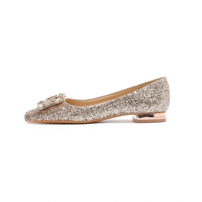 A29-6 French Square Head Gold Flat 2cm Low Heel High-Grade Rhinestone Bridesmaid Shoes Women - Image 5