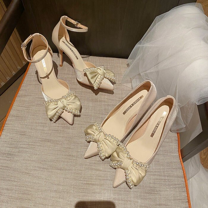 858-61 High Heels Women's New Buckle Pearl Bow Temperament Leisure Pumps - Image 4