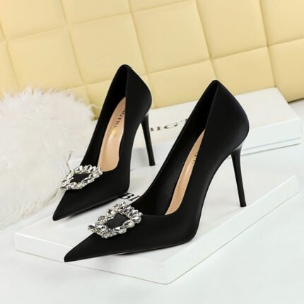 BIGTREE 3265-K2 Korean Style Stylish Women's Shoes Super High Stiletto Heel Shallow Mouth Pointed-Toe Metal Rhinestone Buckle Pumps Women's High Heels
