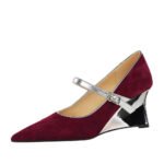 BIGTREE SHOES 2905-5 Heel Wedge Shoes Suede Shallow Mouth Pointed Toe Color Block Strap Single Shoes Women - Image 5