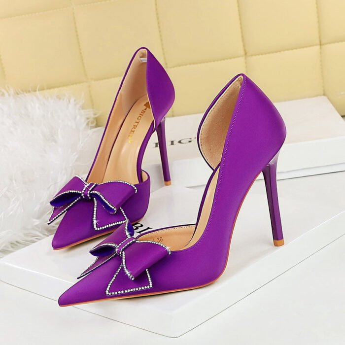 BIGTREE SHOES 626-H37 European and American Style Banquet High Heels Stiletto Low-Cut Pointed Toe Side Hollow Rhinestone Bow Pumps Women's Shoes - Image 4