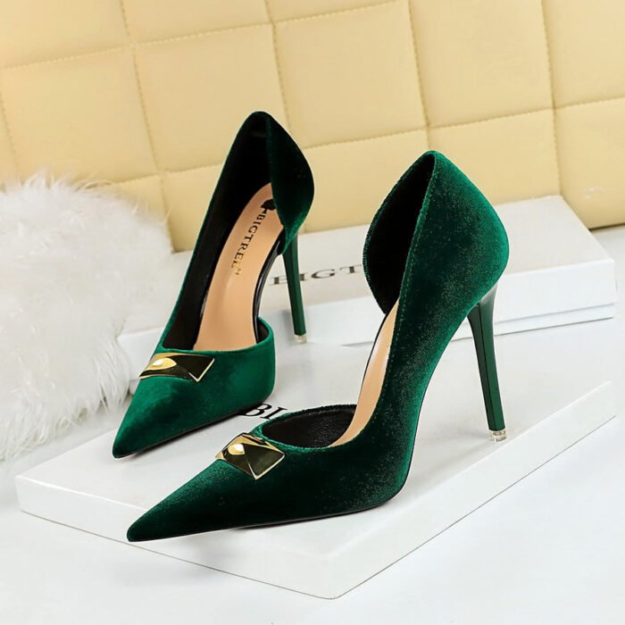 BIG TREE SHOES 1363-K81 European and American Style Banquet Super High Heel Stiletto Low Mouth Pointed Side Hollow Xi Shi Suede High Heel Pumps Women - Image 1