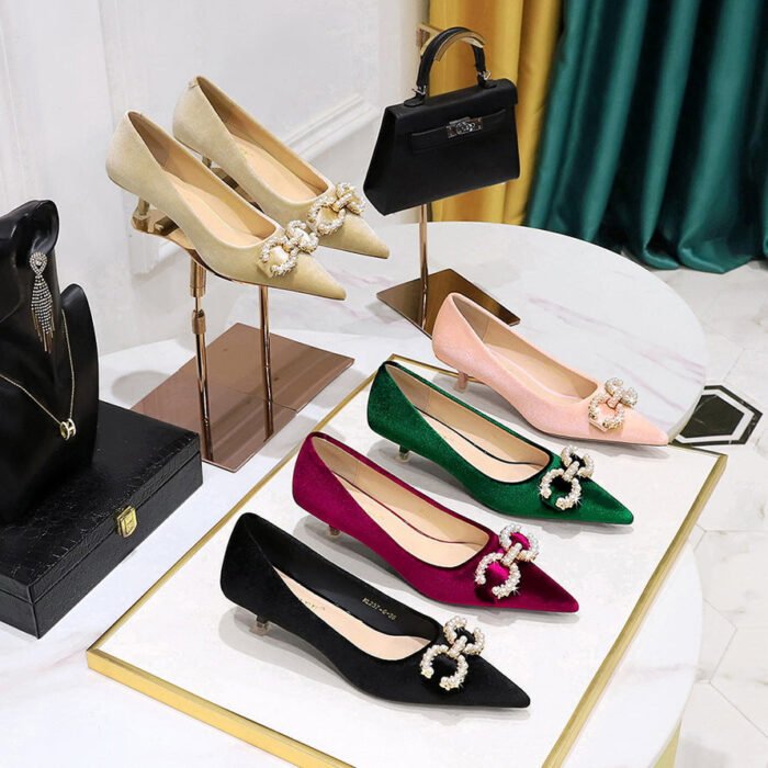 BIGTREE SHOES 237-K79 Korean Style Banquet Women's Shoes Mid Heel Thick Suede Shallow Mouth Pointed-Toe Metal Rhinestone Pearl Buckle Pumps Women - Image 1
