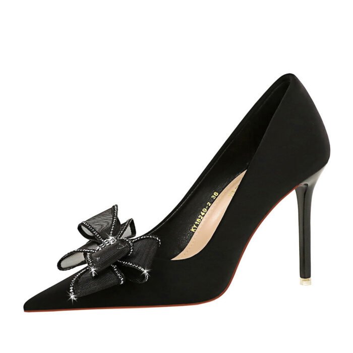 BIGTREE SHOES 18249-h38 European and American Style Banquet High Heels Stiletto Satin Shallow Mouth Pointed Toe Rhinestone Lace Bow Pumps - Image 5