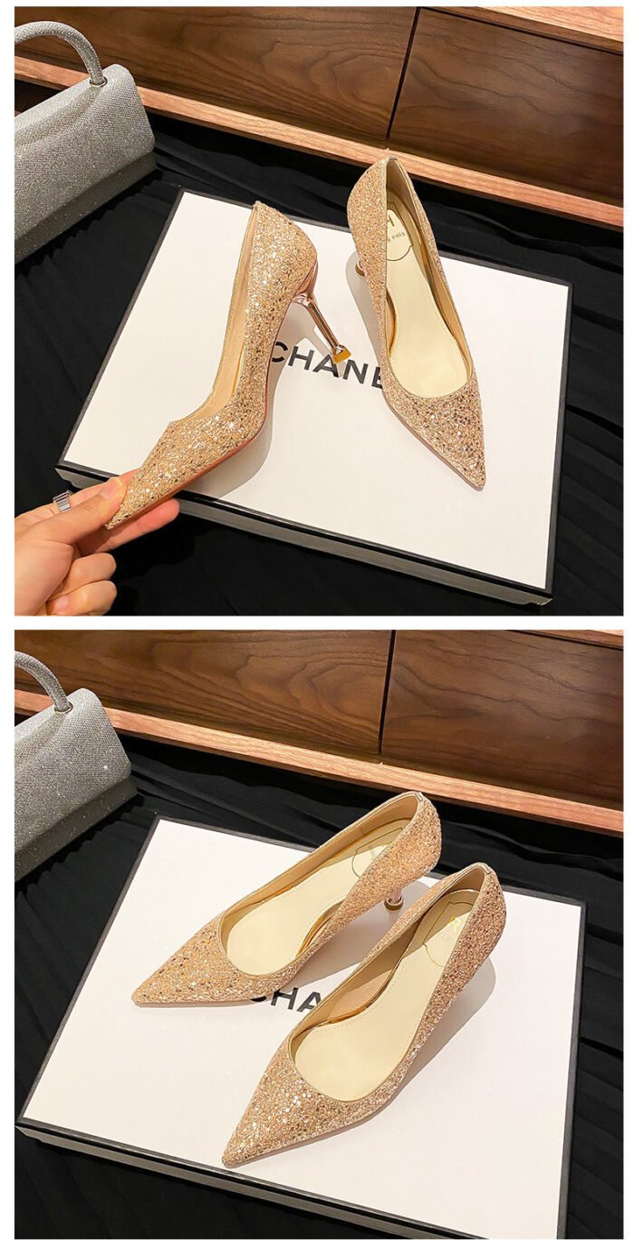 D888-88 Pointed High Heels Women's Chunky Heel Wedding Shoes High-Grade Wedding Dress Pumps - Image 11
