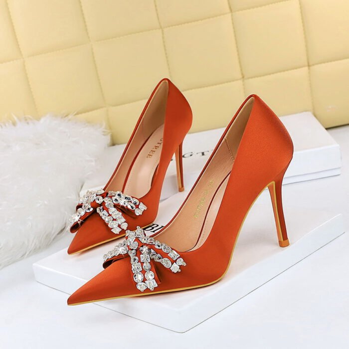 BIGTREE SHOES 1983-H10 European and American Sexy Banquet High Heels Stiletto Heel Shallow Mouth Pointed Toe Satin Rhinestone Bow Pumps - Image 1