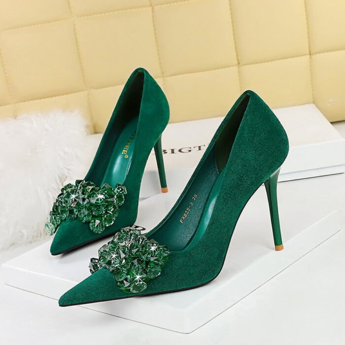 Bigtree Shoes 825-H27 Korean Banquet High Heels Women's Shoes Stiletto Suede Shallow Mouth Pointed Gemstone Rhinestone Bow Pumps - Image 4