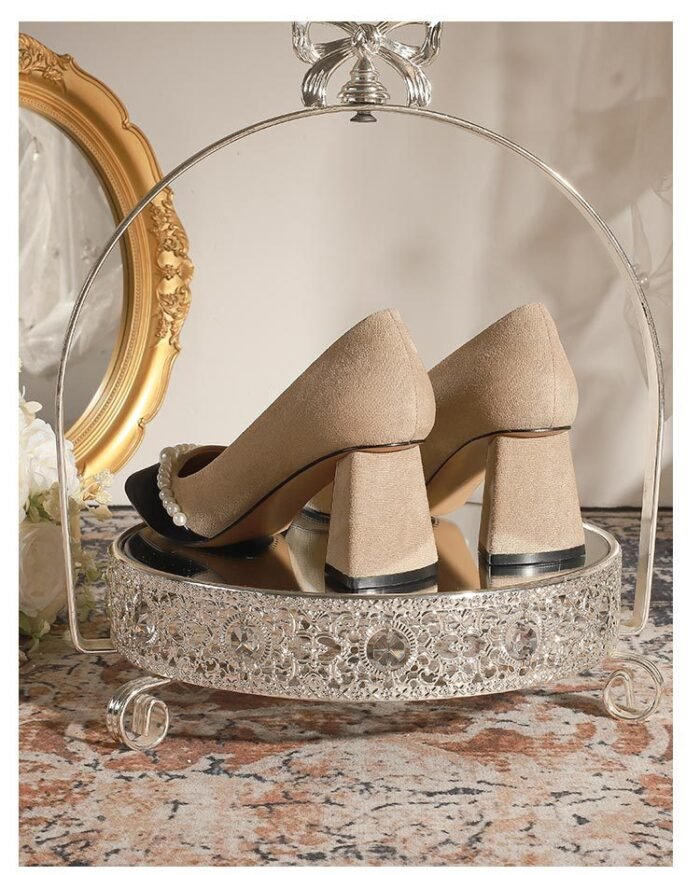 650-80 Color Matching French Retro Gentle Temperament Pointed Classic Style Chunky Heel High Heel Pearl Shoes - Image 7