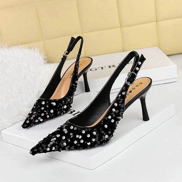 BIGTREE SHOES 869-A22 European and American Style Banquet High Heels Women's Shoes Hollow Back Shoes Shallow Mouth Pointed-Toe Hollowed Back Strap Sequined Shoes - Image 3