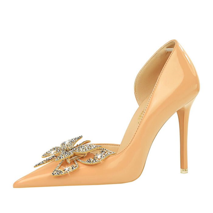 BIG TREE SHOES 638-H22 European and American Banquet High Heels Stiletto Heel Shallow Mouth Pointed Toe Rhinestone Bow Side Hollow out Super High Heel Shoes - Image 4