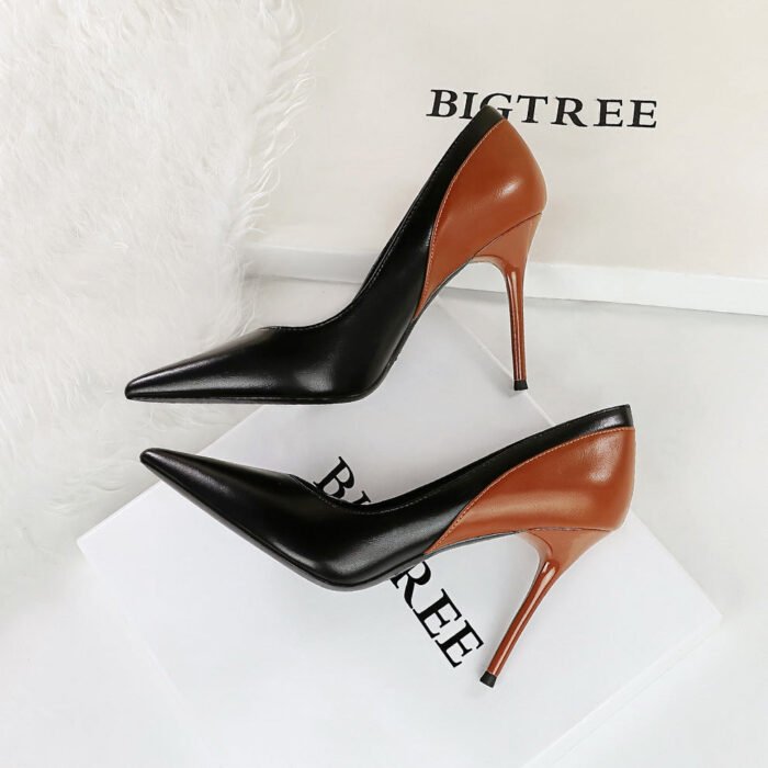 BIGTREE SHOES 9116-5 Retro Style High Heels Stiletto Heel Banquet Women's Shoes Shallow Mouth Pointed-Toe Colorblock Spring and Autumn New Super High Heel Shoes - Image 2