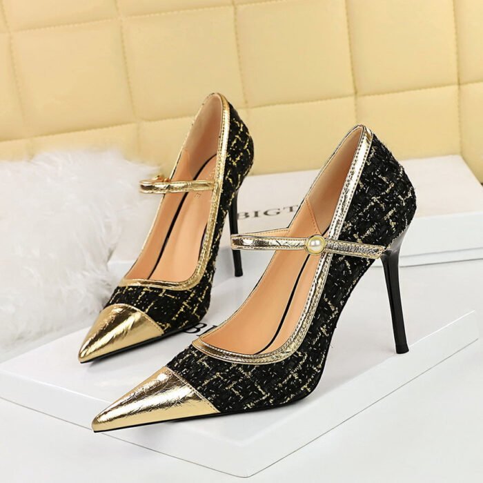 BIGTREE SHOES 3739-6 French Style Classic Style Classy High Heels Women's Shoes Stiletto Heel Shallow Mouth Color-Blocking Pointed Toe Strap Pumps High Heel - Image 1