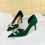 BIGTREE SHOES 1363-Ak77 Banquet High Heels Women's Shoes Suede Shallow Mouth Pointed Toe Side Hollow Rhinestone Pearl Bow Pumps - Image 3